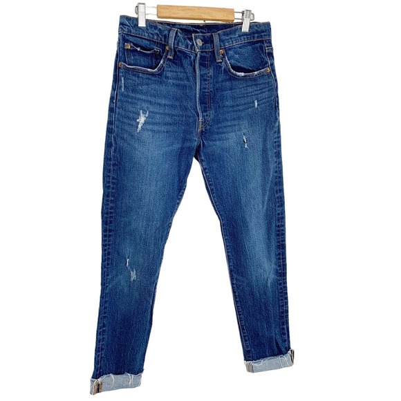 Levi's Denim - Levis Women 501 Button Fly Crop Denim Jeans 27 x 30 Distressed Raw Hem